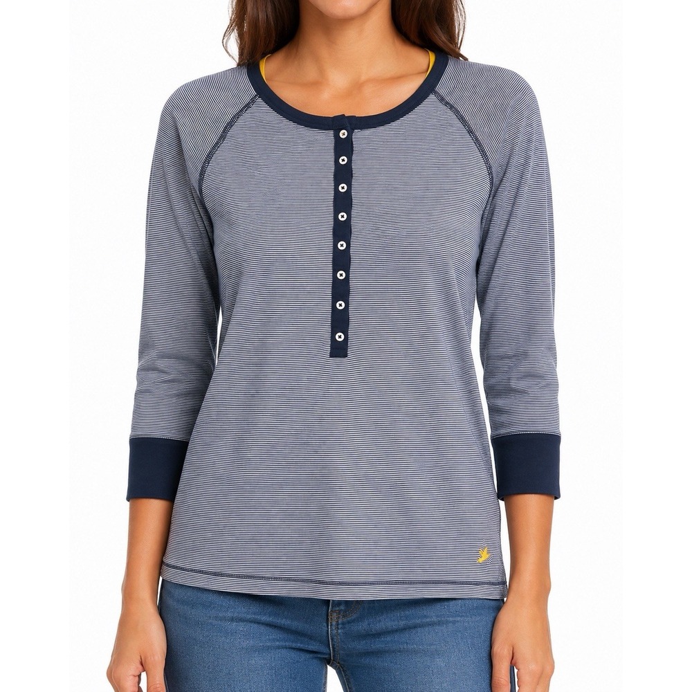 Aerie Womens Henley Top Navy Blue Stripe 3/4 Raglan Sleeve 100% Cotton Size L/G